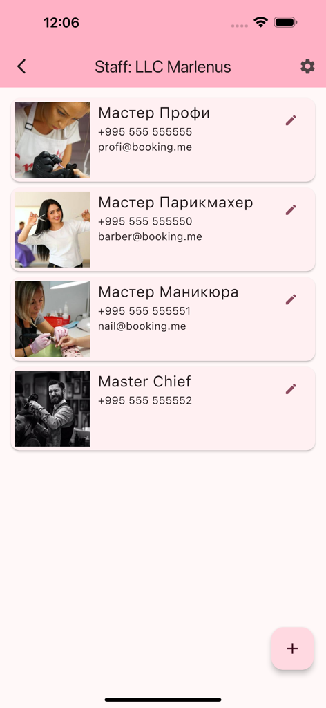 Une liste de professionnels de services et de membres du personnel dans l'application de prise de RDV en ligne Book-Me.