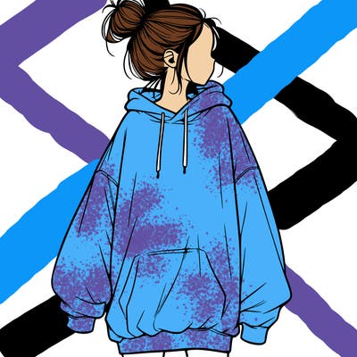 realistic girl with a oversized sweatshirt on and a bun