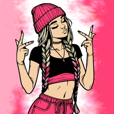 realistic teenage girl with braids and a beanie and crop top doing 🫶🏼