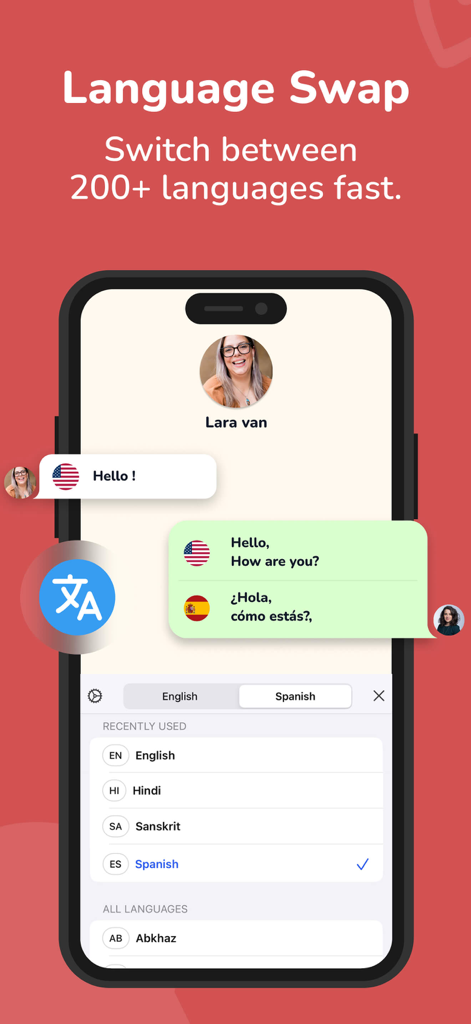 Translatify: Chat Translator - The Translatify app interface showing real-time chat translation and a language selection menu.