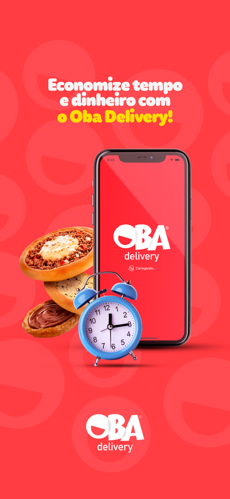 Oba Delivery - Oba Delivery mobile app promotional screen featuring food items and an alarm clock on a red background