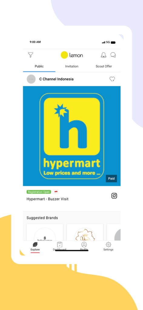 Lemon for Influencer - Pantalla móvil de la aplicación Lemon for Influencer que muestra la pestaña explorar con listados públicos de campañas de marca y marcas sugeridas