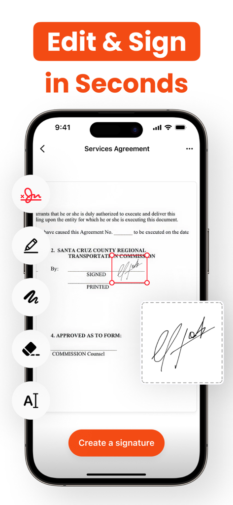 Lens: PDF Scanner & Editor - Interface of Lens PDF Scanner app showing a services agreement being signed with digital signature tools.