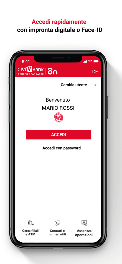 CiviBank ON - CiviBank ON app login interface showing biometric fingerprint access and user welcome message