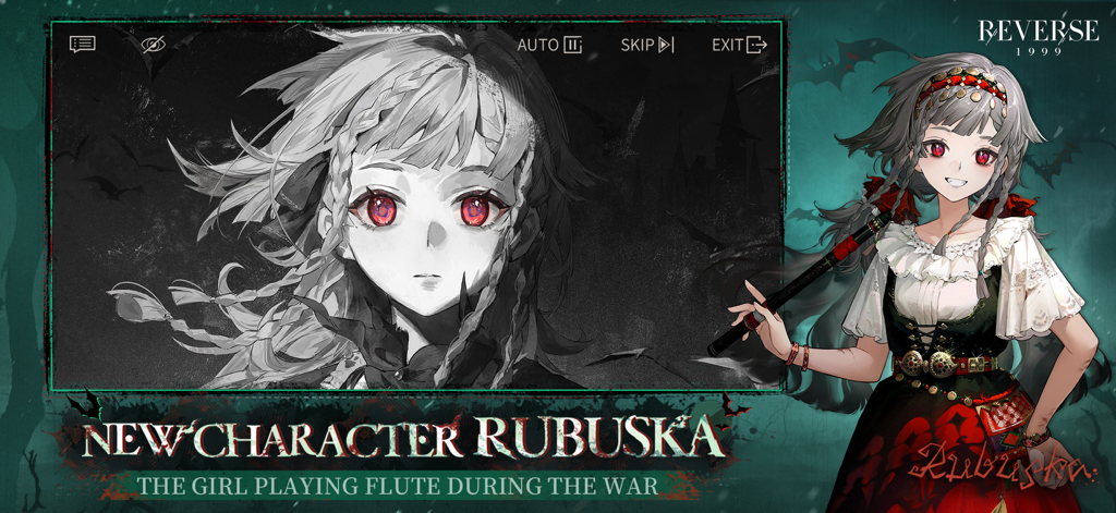 Promotional artwork for Rubuska, a new character in Reverse 1999, described as the girl playing flute during the war