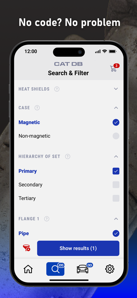 Interface of the Cat DB app showing search filters for catalytic converters including magnetic case and primary hierarchy options.