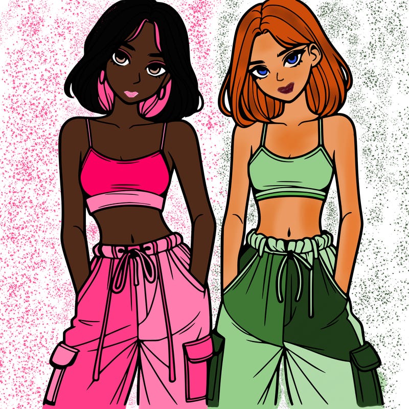 two girls with crop top with baggy pants
