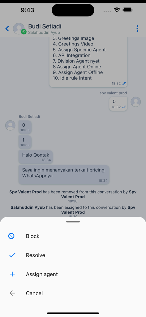 A mobile interface of the Qontak Chat app showing a menu with options to block, resolve, or assign agents to a conversation.