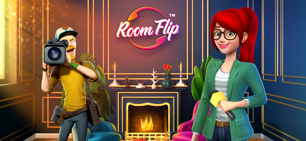 Roomflip: Design TV Show Game - Main characters Zara and Rex posing in a luxury room for the Roomflip TV show game