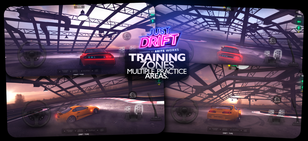 JDM: Just Drift Max - Capturas de tela de gameplay do JDM Just Drift Max mostrando várias zonas de treinamento e áreas de prática com carros de drift de alto desempenho.