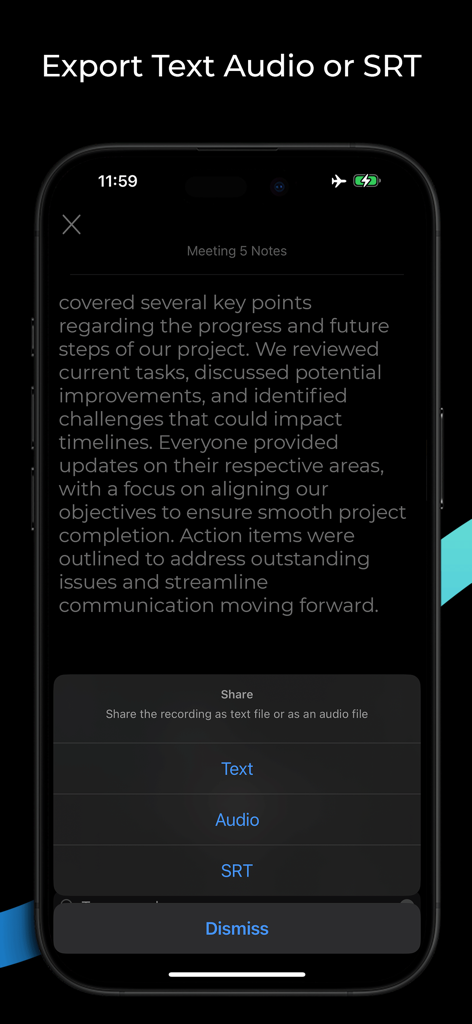 Smart Voice Recorder - Offline - Smart Voice Recorder app interface displaying export options for text audio and SRT formats.