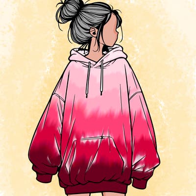 realistic girl with a oversized sweatshirt on and a bun