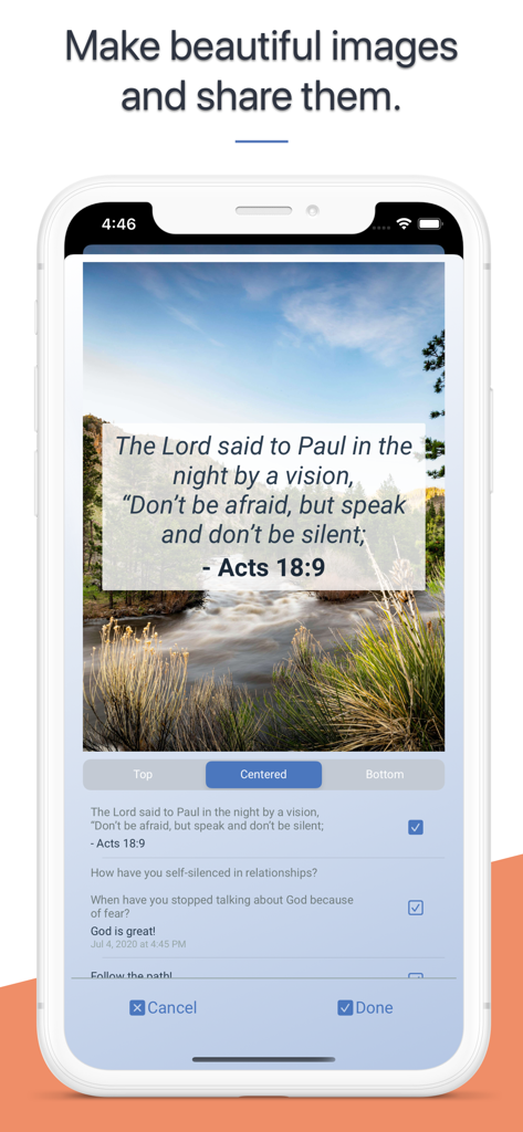Interface do aplicativo Bible Thoughts mostrando uma imagem de versículo personalizada de Atos 18:9 com um fundo natural para compartilhamento social