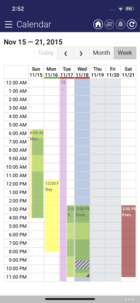 Quintiq mobile app weekly calendar interface showing color-coded schedule blocks for supply chain planning