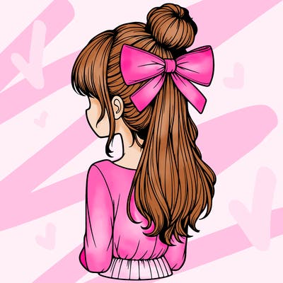 realistic girl  with hip length hair a bun and a big bow on the back of head