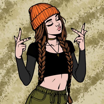 realistic teenage girl with braids and a beanie and crop top doing 🫶🏼