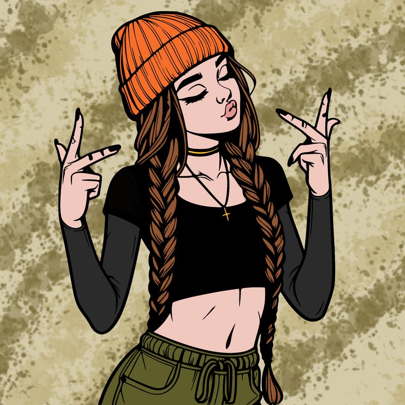 realistic teenage girl with braids and a beanie and crop top doing 🫶🏼