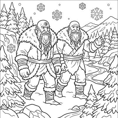 Unleash your creativity with this captivating coloring page featuring powerful giants and a cyclops amidst a serene winter landscape. Perfect for fantasy fans, it offers a unique blend of mythical creatures and a snowy wonderland ready for your artistic touch.