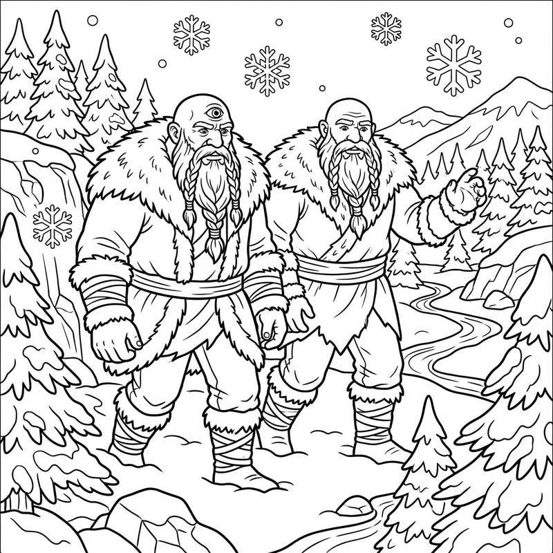 Unleash your creativity with this captivating coloring page featuring powerful giants and a cyclops amidst a serene winter landscape. Perfect for fantasy fans, it offers a unique blend of mythical creatures and a snowy wonderland ready for your artistic touch.