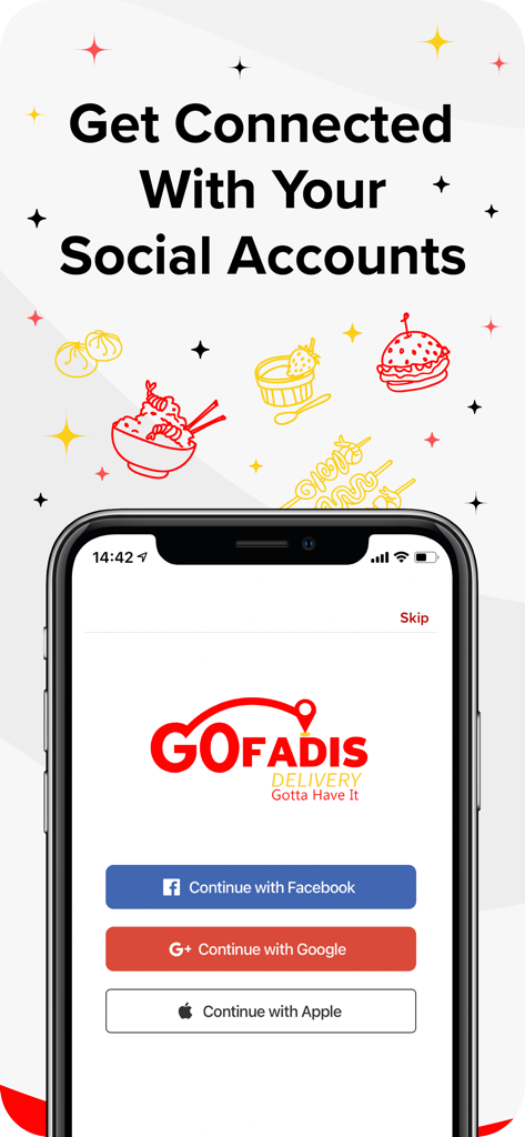 Gofadis food delivery app social login screen with options to continue with Facebook Google or Apple