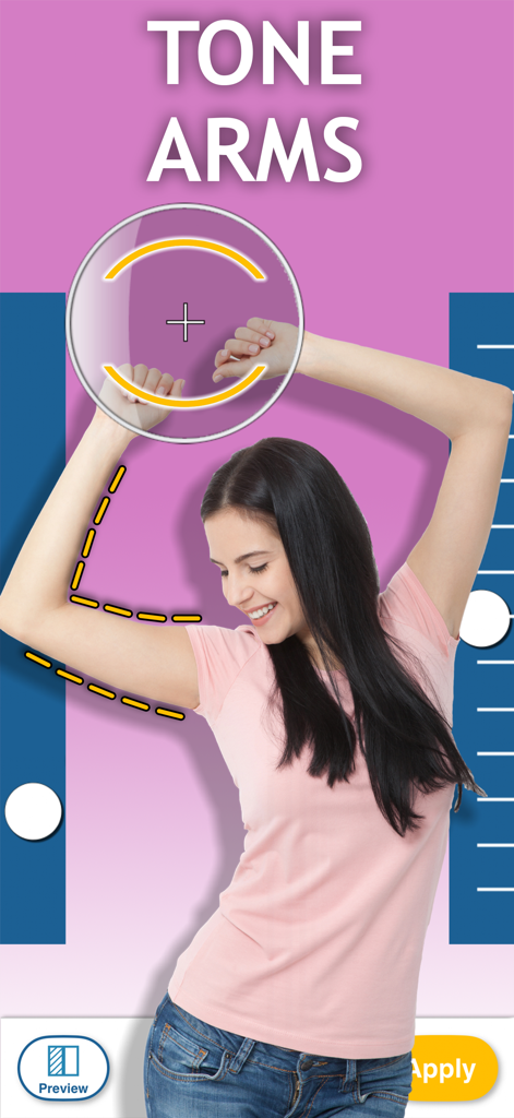 Body Editor Booth Thin & Slim - Interface of the Body Editor Booth app showing the tone arms photo editing feature with a woman posing