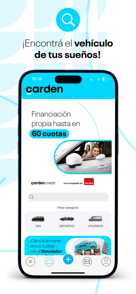 Carden - Startbildschirm der Carden-App mit Auto-Finanzierungsoptionen und Fahrzeugkategorien