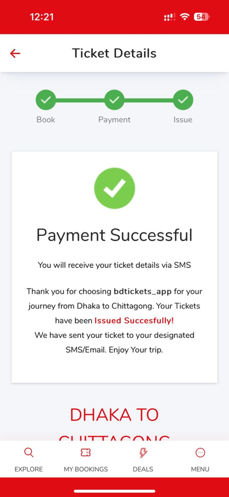 BDTICKETS - BDTICKETS app interface showing a payment successful screen for a ticket from Dhaka to Chittagong