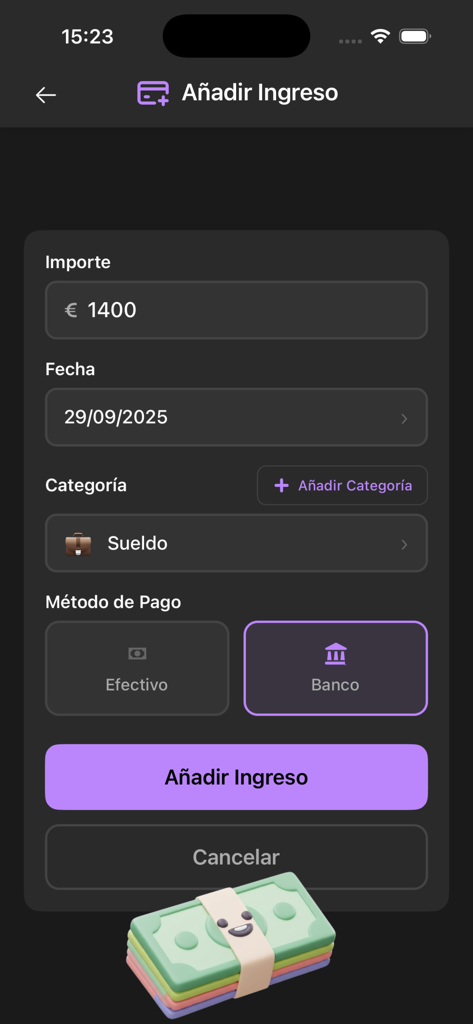 Interfaz de la aplicación Hero Budget para agregar una nueva entrada de ingresos, incluyendo el monto y la categoría