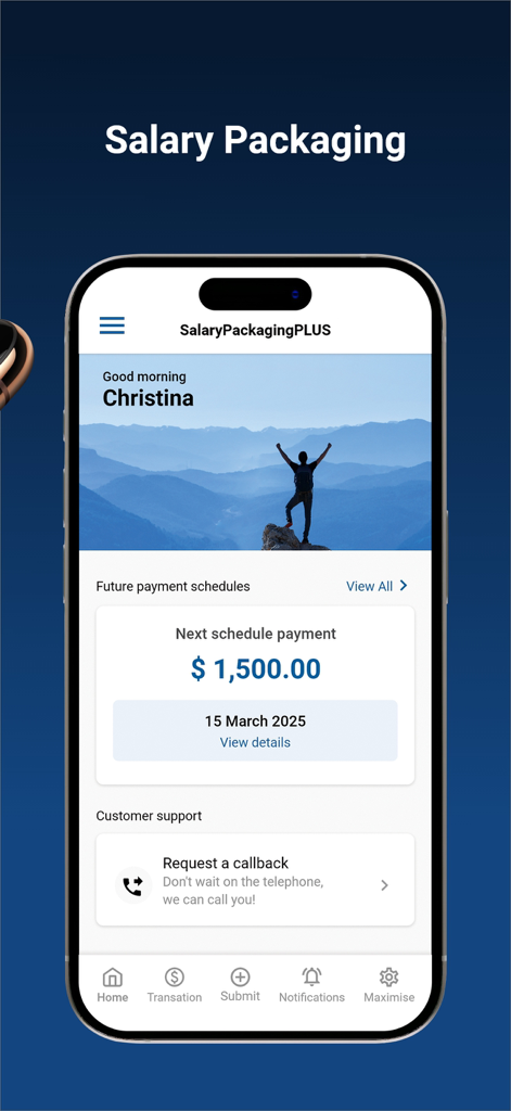 my+ - Uma captura de tela do painel do aplicativo my plus mostrando o próximo pagamento agendado de empacotamento salarial de 1500 dólares