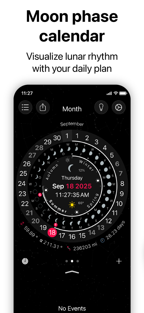 Ein kreisförmiger digitaler Kalender, der Mondphasen, Jahreszeiten und Daten in einem dunklen, sternenübersäten Thema anzeigt.
