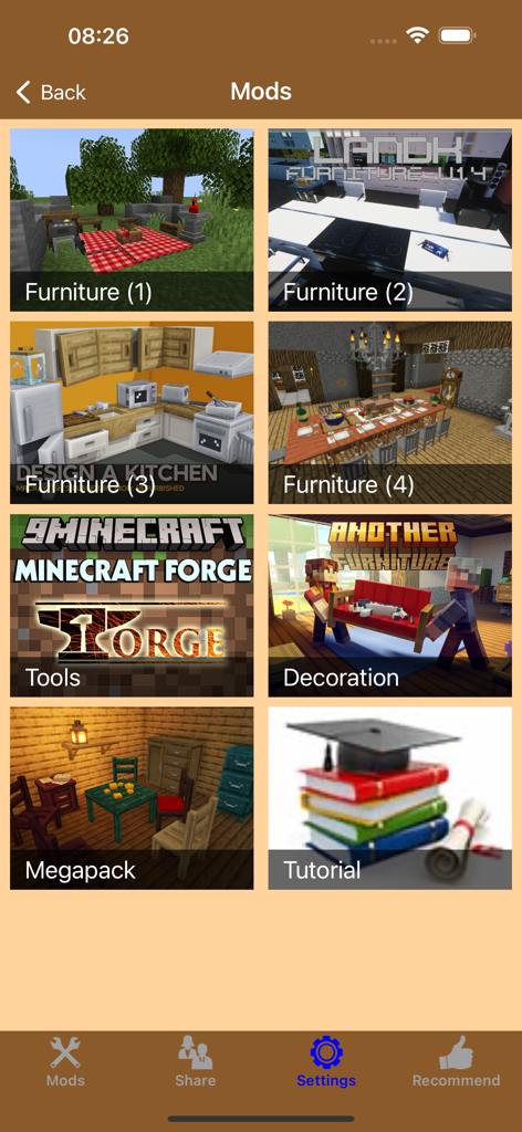 A menu screen displaying various categories of Minecraft mods including furniture, tools, and decorations.