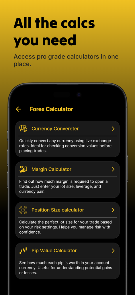 ForexView - Schermata del menu delle calcolatrici forex dell'app mobile ForexView con strumenti per valute, margine e pip