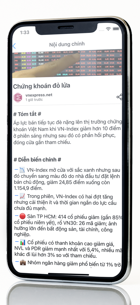 Báo Nhanh - Đọc báo siêu nhanh - Bao Nhanh app screen showing a summary of Vietnamese stock market news