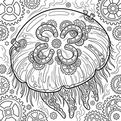 Embark on an imaginative journey with this stunning Steampunk Moon Jellyfish coloring page, a unique fusion of deep-sea elegance and intricate mechanical design. Unleash your artistic flair as you bring this extraordinary creature to life with vibrant colors.