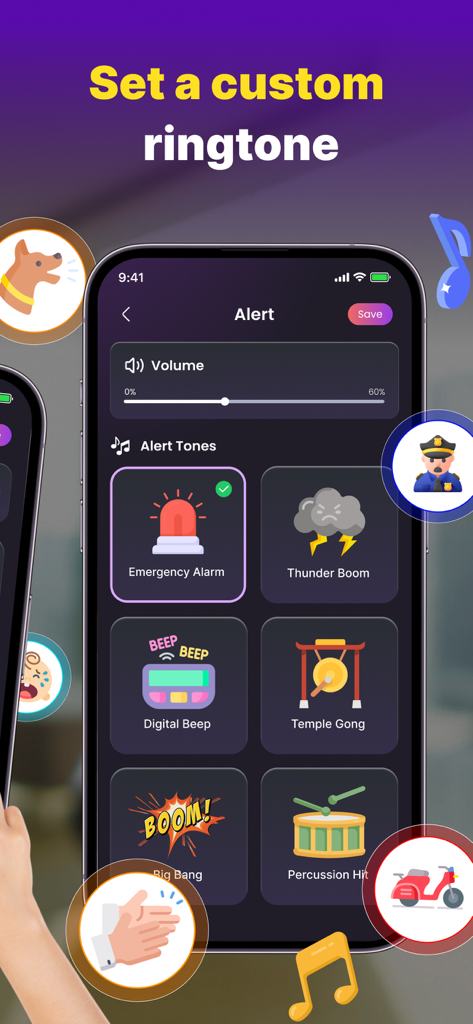 Find Phone By Clap, Flash - A mobile app interface for setting custom ringtones like emergency alarm and thunder boom