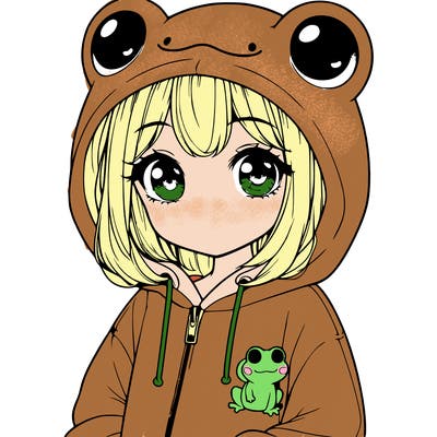 cute realistic girl in a froggy hoodie