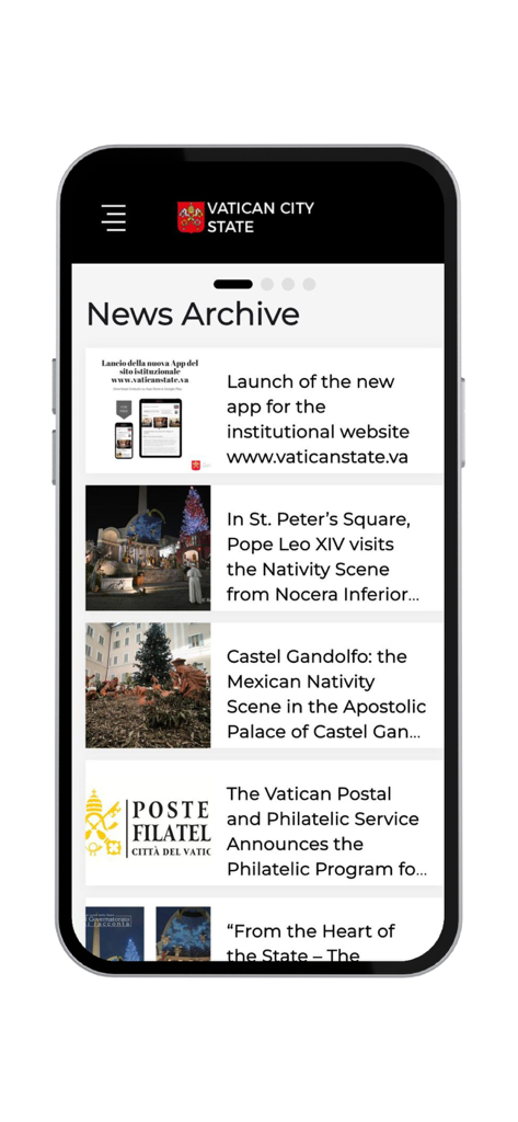 VaticanState - Captura de pantalla del archivo de noticias de la aplicación VaticanState que muestra artículos y titulares sobre el Estado de la Ciudad del Vaticano.