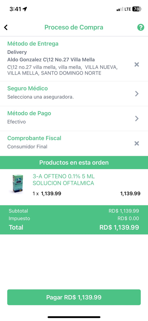 Screenshot of the Carol App purchase process screen showing delivery address order details and a pay button