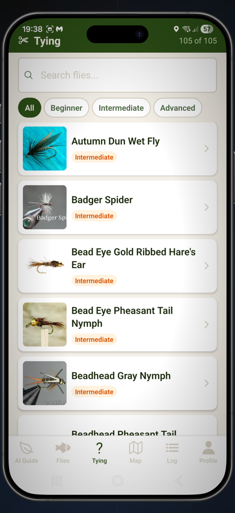 Fly Guide By HookedOnFlies - Fly fishing patterns database showing tying difficulty levels
