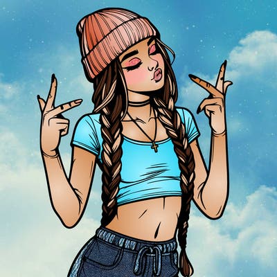 realistic teenage girl with braids and a beanie and crop top doing 🫶🏼