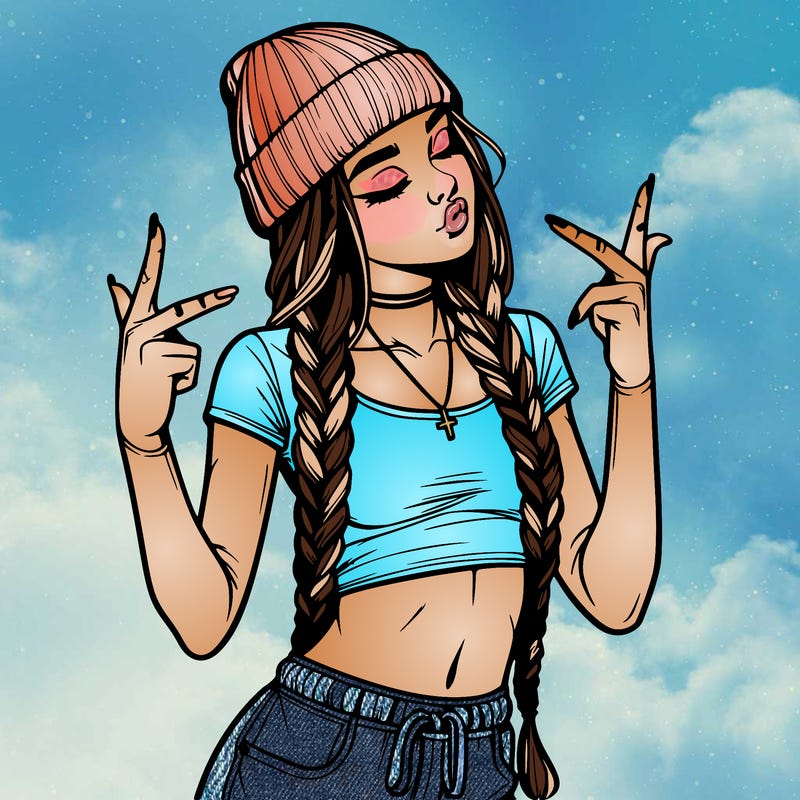 realistic teenage girl with braids and a beanie and crop top doing 🫶🏼