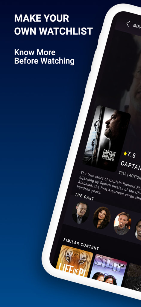 Flixtor app interface displaying movie details cast and watchlist creation feature