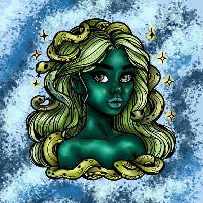 realistic girl with snakes as hair