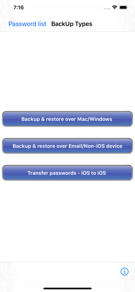 PassDiary Password Manager - Ecrã da aplicação PassDiary mostrando opções de backup e restauração de palavras-passe para Mac, Windows e iOS