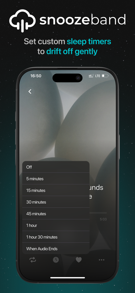 Snoozeband App-Oberfläche auf einem iPhone, die ein Menü zur Einstellung benutzerdefinierter Schlaf-Timer anzeigt