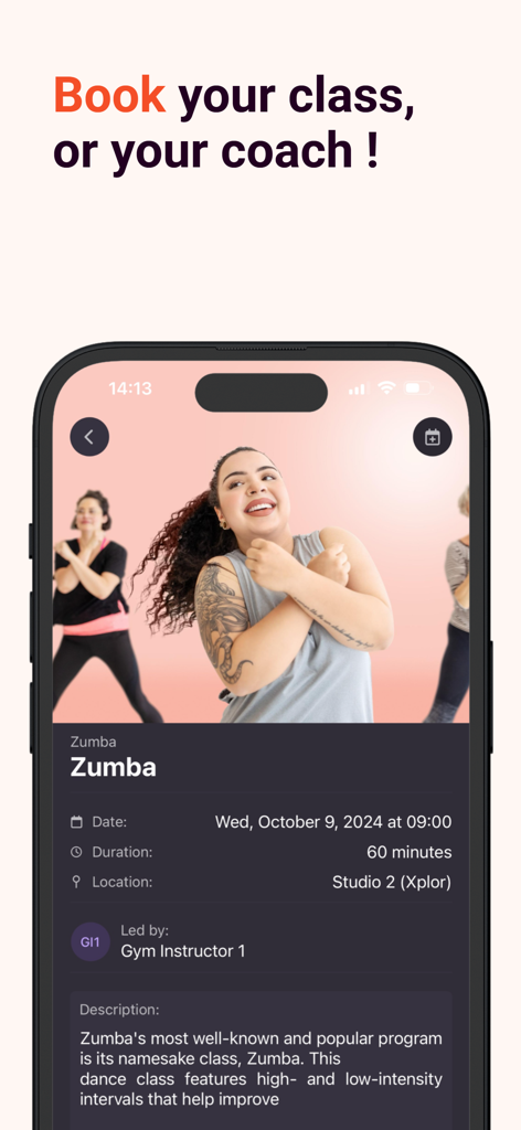 Xplor Active - Interface do aplicativo móvel Xplor Active mostrando uma tela de agendamento de aula de Zumba com detalhes da sessão e informações do instrutor