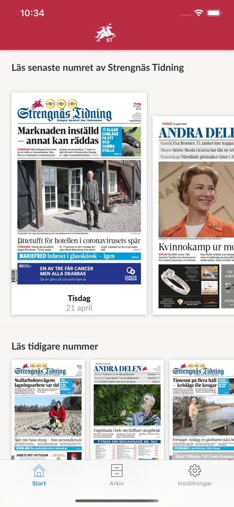 E-tidning Strengnäs Tidning - Home screen of the Strengnas Tidning e-paper app displaying current and previous newspaper issues