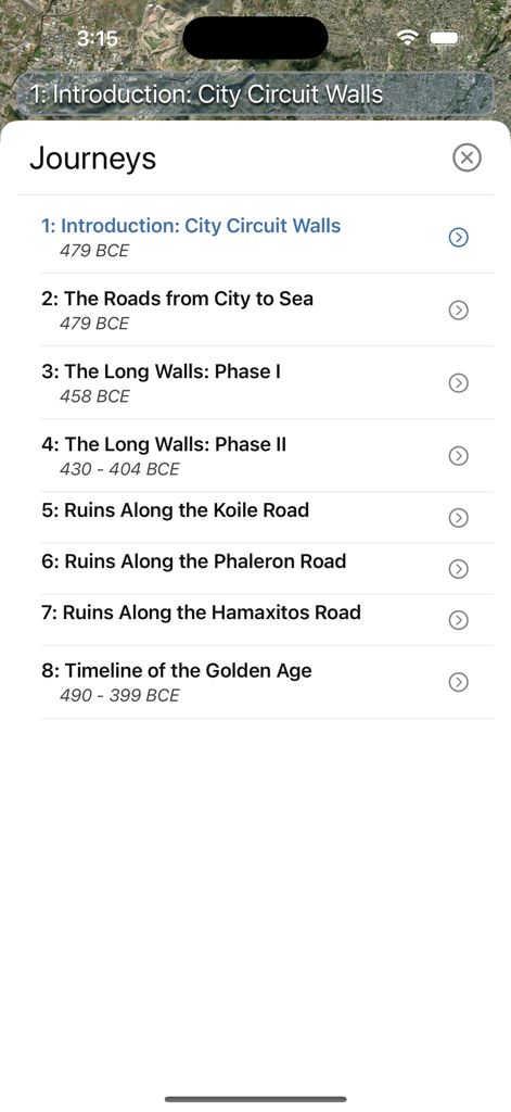 The Athenian Long Walls - Mobile app screen showing a list of historical journeys including the City Circuit Walls and the Timeline of the Golden Age
