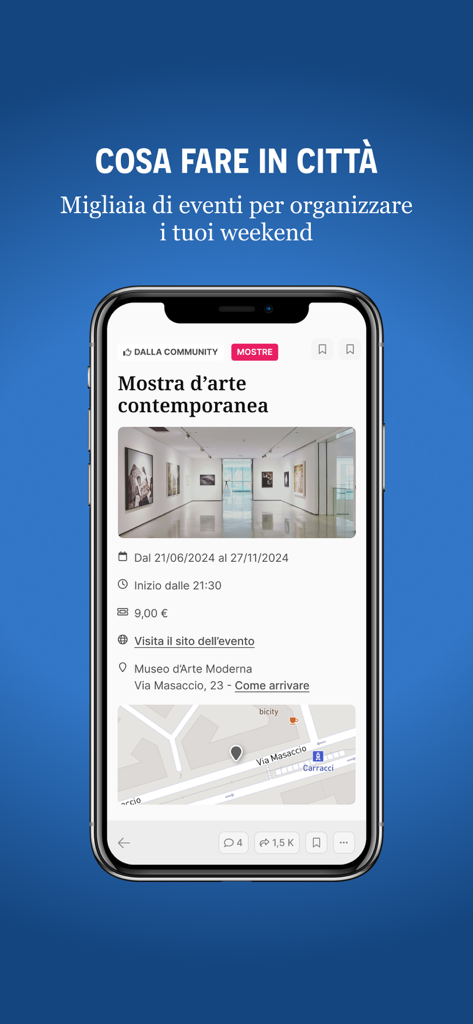 Schermata dello smartphone che mostra l'app NovaraToday con l'elenco di un evento di arte contemporanea e la mappa della località.