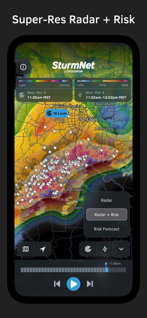 StormNet - StormNet app interface showing high-resolution radar and storm risk map with lightning strikes over St. Louis
